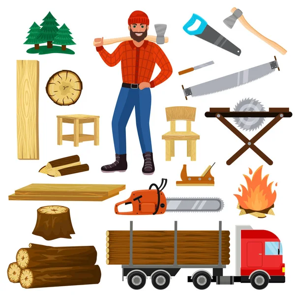 Scie à bois vecteur caractère bûcheron et scie bûcheron bois ou feuillus ensemble de matériaux en bois dans la scierie et bûcheron homme isolé sur fond blanc — Image vectorielle