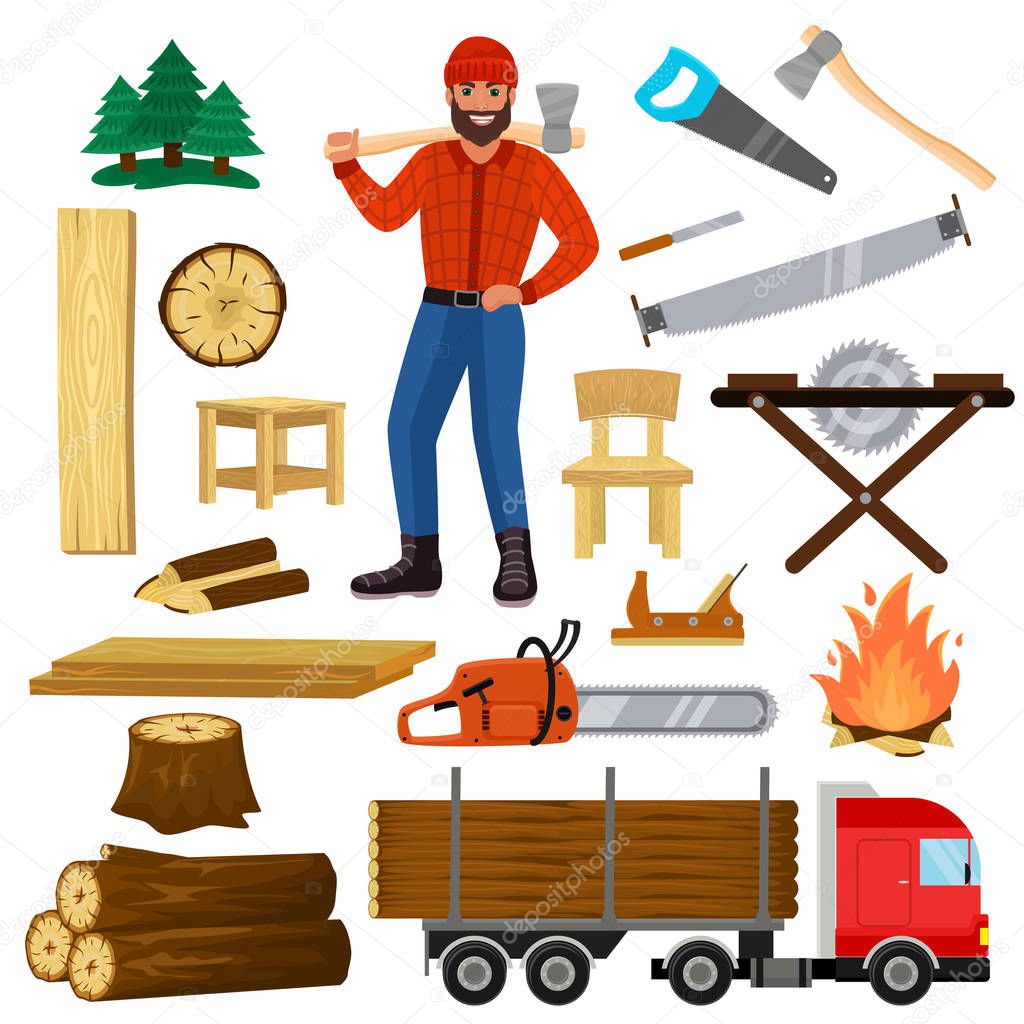 Timber vector lumberman character and logger saws lumber or hardwood set of wooden timbered materials in sawmill and lumberjack man isolated on white background