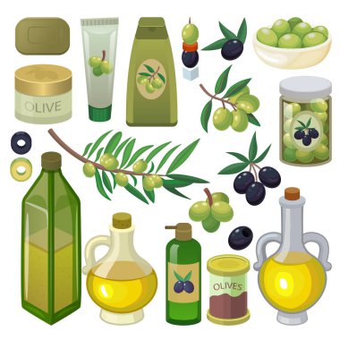 Zeytin vektör zeytinyağı şişesi bakire petrol ve doğal zeytuni maddeler için vejetaryen gıda illüstrasyon izole beyaz arka plan üzerinde olivebranch veya olivet ürün kümesi ile