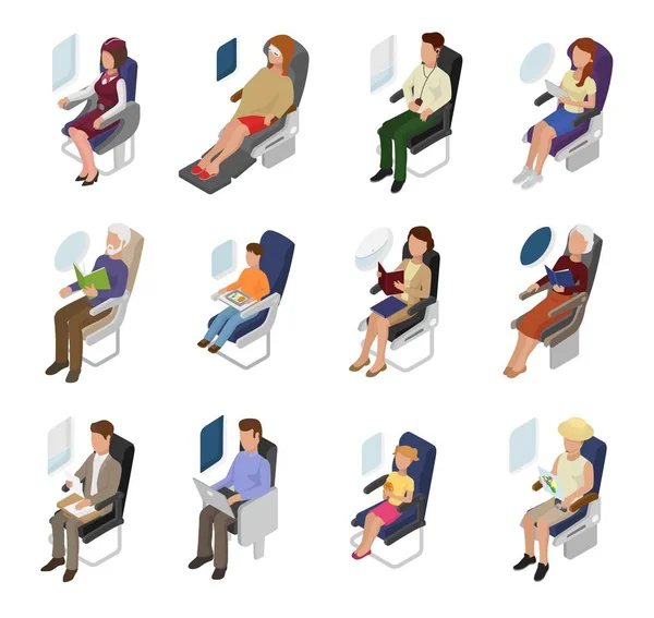 Avion passagers vecteur personnes homme d'affaires femme personnage assis dans l'avion près de la fenêtre illustration vol ensemble de personne homme enfant à bord siège voyageant dans l'avion isolé sur fond blanc — Image vectorielle