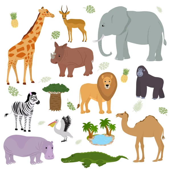 Afrikai állat vektor vad, állatias karakter elefánt zsiráf gorilla emlős a wildlife afrikai ábrán sor víziló oroszlán-zebra teve nemzeti safari Park elszigetelt fehér background — Stock Vector