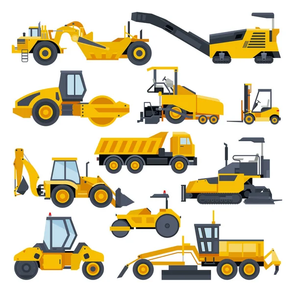 Excavator road construction vector digger or bulldozer excavating with shovel and excavation machinery illustration set of constructive vehicles and digging machine isolated on white background — Stock Vector