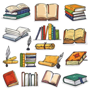 Ders kitapları ve defter üzerinde Kütüphane veya kitap illüstrasyon kümesi inkpot ve beyaz arka plan üzerinde izole okul edebiyatının kitapsever kapak okuma raflardan kitap vektör yığını