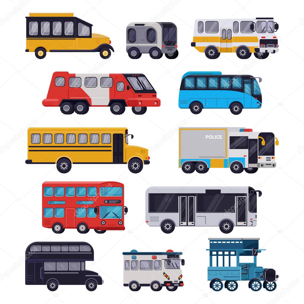 Bus vector public transport tour or city vehicle schoolbus sightseeing-bus transporting passengers illustration transportation set of transportable car isolated on white background