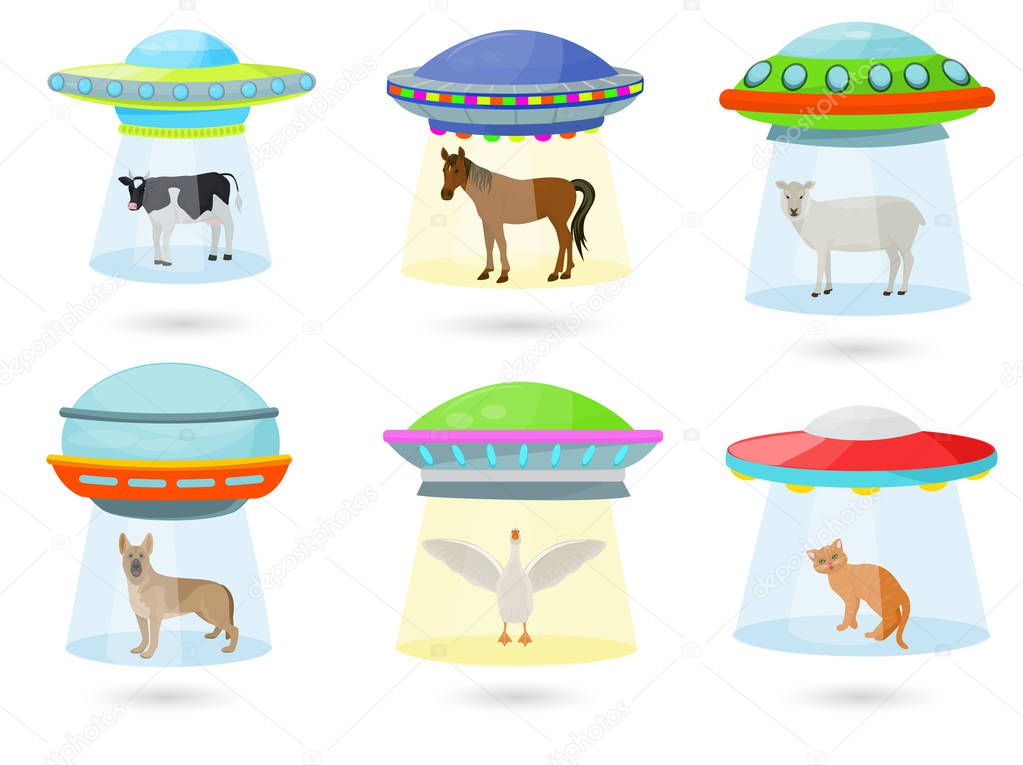 Ufo vector alien spaceship or spacecraft and spacy ship with animal character cat or pig illustration set of spaced sbeam of mystery transport in universe space isolated on white background