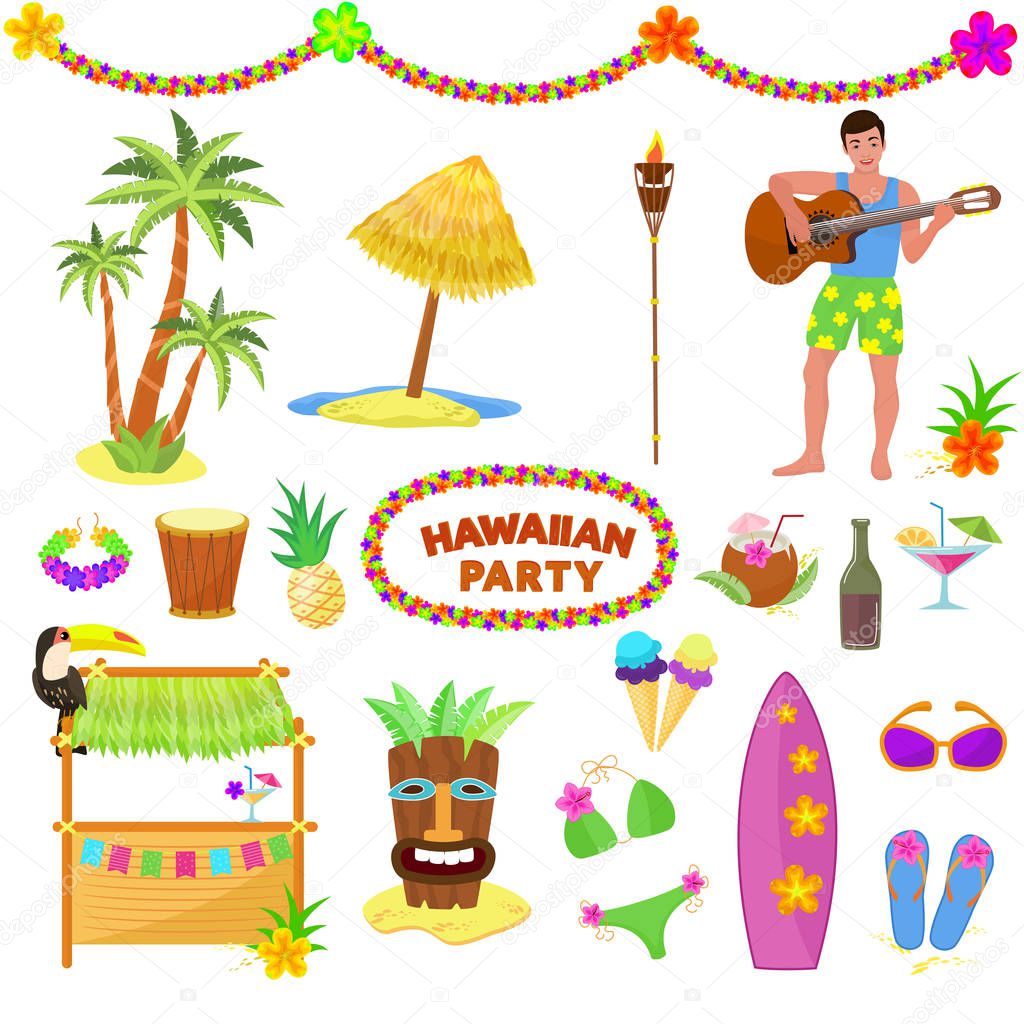Hawaii party vector woman or man characterr on hawaiian beach with tropical palm and exotic fruity cocktails on summer vacation illustration set of mask and surf isolated on white background
