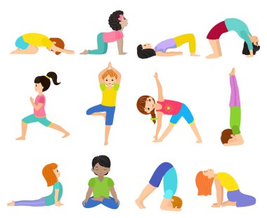 Yoga çocuklar genç çocuk yogi karakter eğitim Spor egzersiz illüstrasyon sağlıklı yaşam kümesi beyaz arka plan üzerinde izole meditasyon uzanan çizgi film kız ve erkek sağlık faaliyet vektör