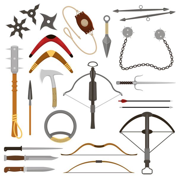 Бросок оружия векторные арбалеты острые стрелы и нож или топор иллюстрации оружие набор ниндзя-кунай или сюрикен и гарпун ручки бронетехники изолированы на белом фоне
