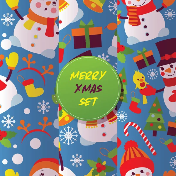 メリー クリスマス雪だるまベクター サンタ雪だるまクリスマス ツリーとギフト背景図の文字セットはがき冬の休日のお祝いポスター デザイン背景と新年のグリーティング カード — ストックベクタ