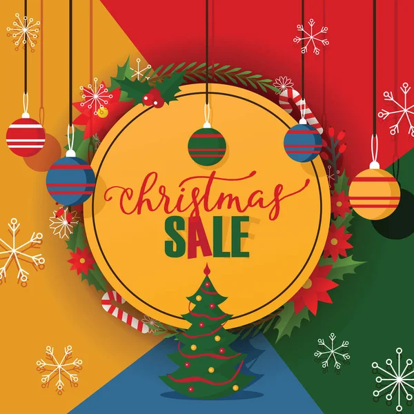 Christmas Sale vector merry xmas discount for winter shopping and new year offer in shops background retail market poster with christmas-tree gifts illustration design — Stock Vector