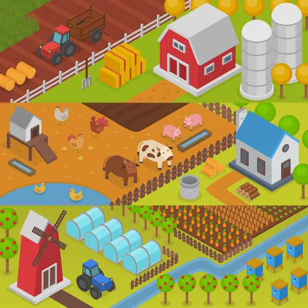 Farm vektor mezőgazdasági táj gazdálkodás mező vidéki háttér illusztráció farm ház a mezőgazdasági tereprendezés hátteret betakarítás termőföld falu ranch — Stock Vector