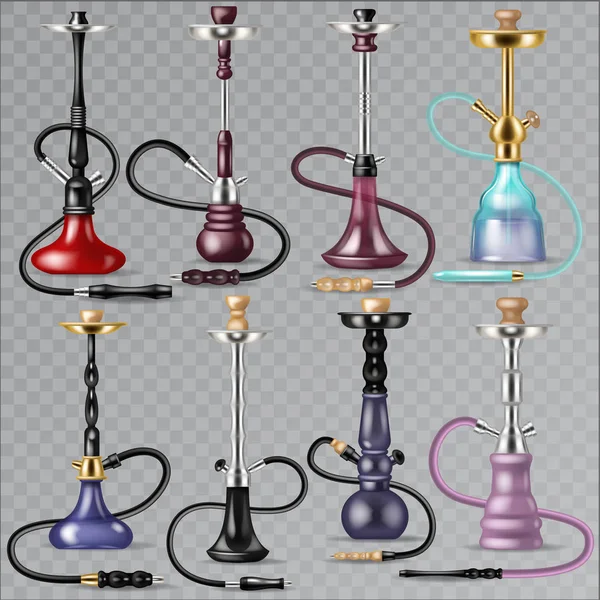 Hookah vector tobacco hooka smoke pipe arabic shisha and smoking hubble-bubble illustration set of turkish aroma tube object for relaxation isolated on transparent background — Stock Vector