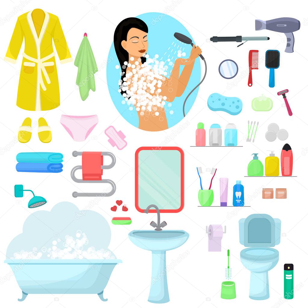 Hygiene personal care vector beautiful woman showering hygienic bath products in bathroom illustration set of bodycare toiletries soap shampoo shower gel icons isolated on white background