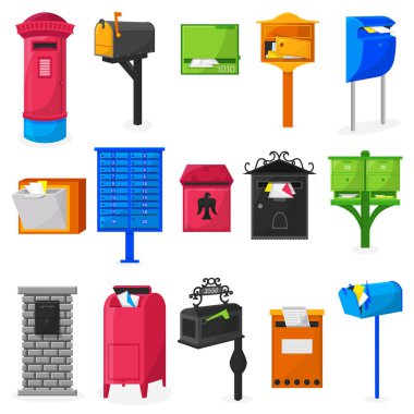 Posta kutusu vektör modern posta posta kutusu tasarladığımız veya postboxes'dır beyaz arka plan üzerinde izole mektupları gönderilecek posta posta mektup illüstrasyon set