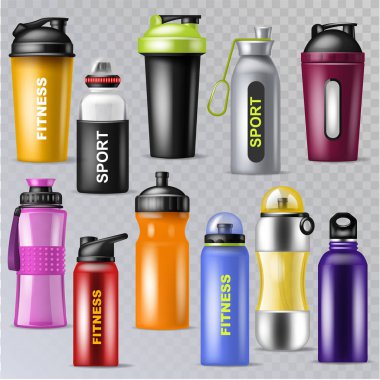 Şişe spor şişe vektör sportif su şişesi üzerinde şeffaf arka plan izole şişeleme kümesi spor içki termo ve fitness plastik enerji içecek illüstrasyon