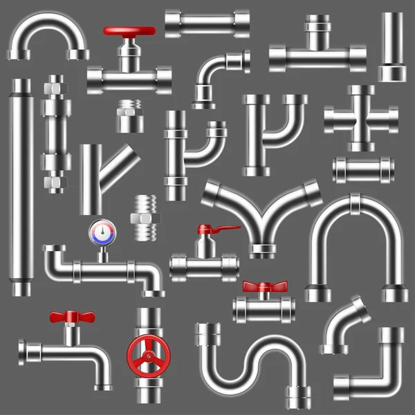 Tuyau tuyauterie vectorielle pipeline ou tuyauterie tuyauterie construction du système de tuyauterie métallique illustration ensemble de tubes métalliques raccord de robinet avec vannes isolées sur le fond — Image vectorielle