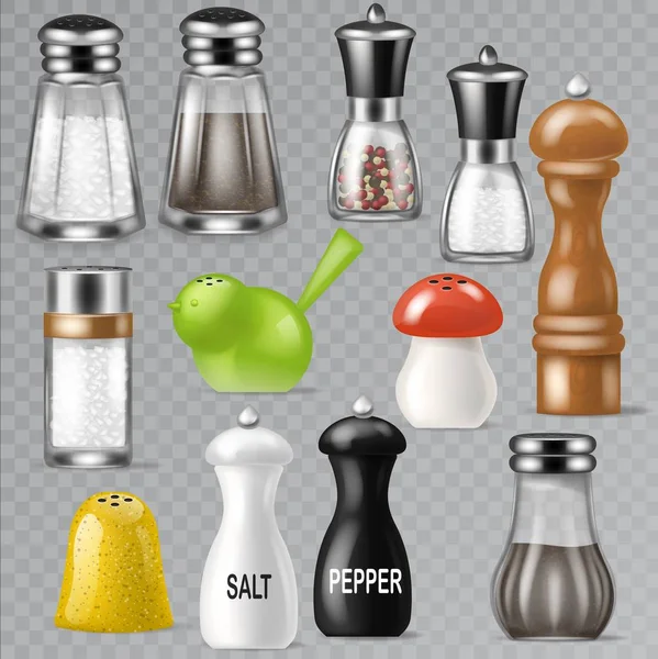 Salt shaker vector design pepe bottiglia di vetro contenitore e utensili da cucina in legno decorazione saliera illustrazione set di ingredienti di cottura salati nero-pepe isolato su sfondo trasparente — Vettoriale Stock