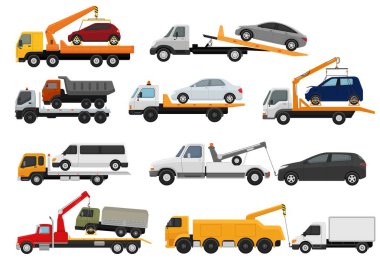 Çekici kamyon vektör araç ulaşım römorkör yardım yol illüstrasyon set çekili otomatik taşıma beyaz arka plan üzerinde izole kamyon araba çekme