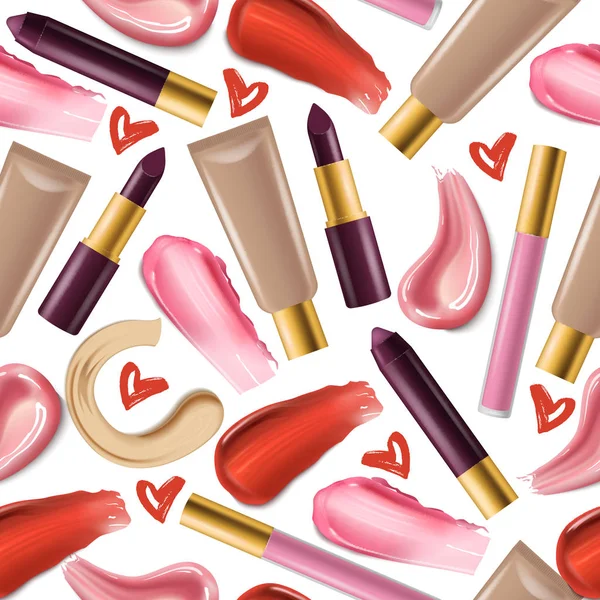 Batom sem costura padrão vetor bela cor vermelha moda rosa lipgloss lábio maquiagem ilustração pano de fundo de cosméticos femininos líquidos brilhantes no fundo branco — Vetor de Stock