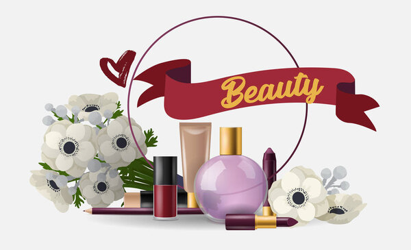 Cosmetic vector beauty make up cosmetology for beautiful woman with makeup foundation powder perfume illustration card cosmetician accessories flowers background