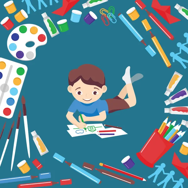 Art studio vector boy character studying in kids art-school with artist tools watercolor paint brushes palette for color paints artwork backdrop illustration artistic painting background — Stock Vector