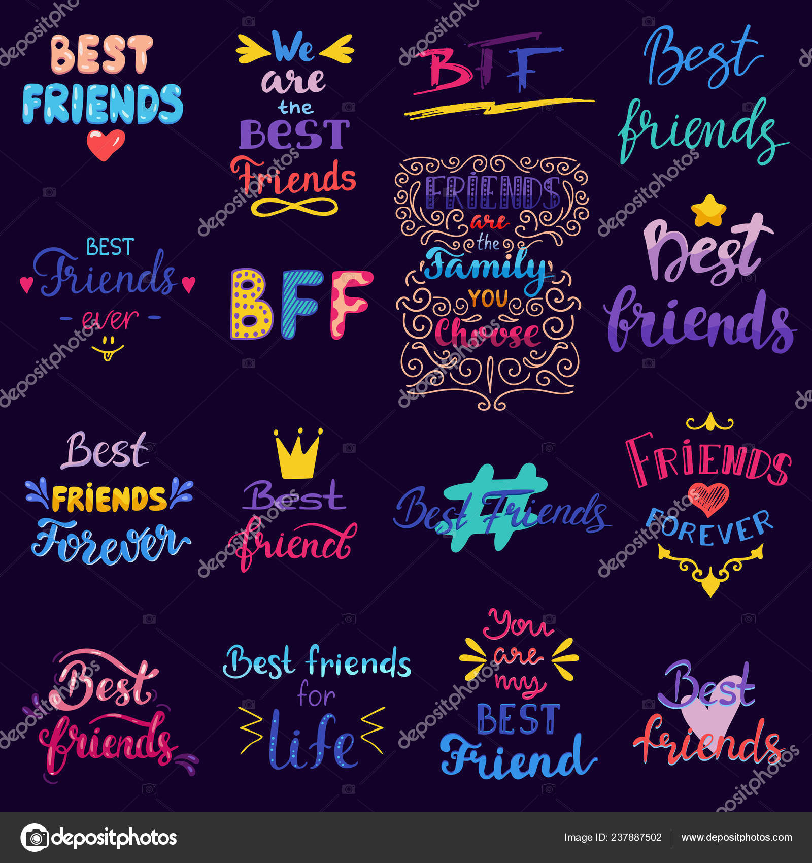 Friend lettering vector BFF friendship card typography and friendly  calligraphy logotype best friend sign illustration handwritten set of  friendliness banner isolated on black background Stock Vector Image by  © #237887502