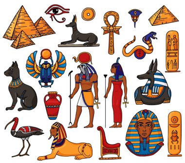 Mısır vektör Firavun karakteri eski insanlar kadın Tanrı ra piramit Sfenks kedi heykeli Mısır kültür tarihi illüstrasyon Afrika vazo beyaz arka plan üzerinde izole Arkeoloji koleksiyonu ayarla