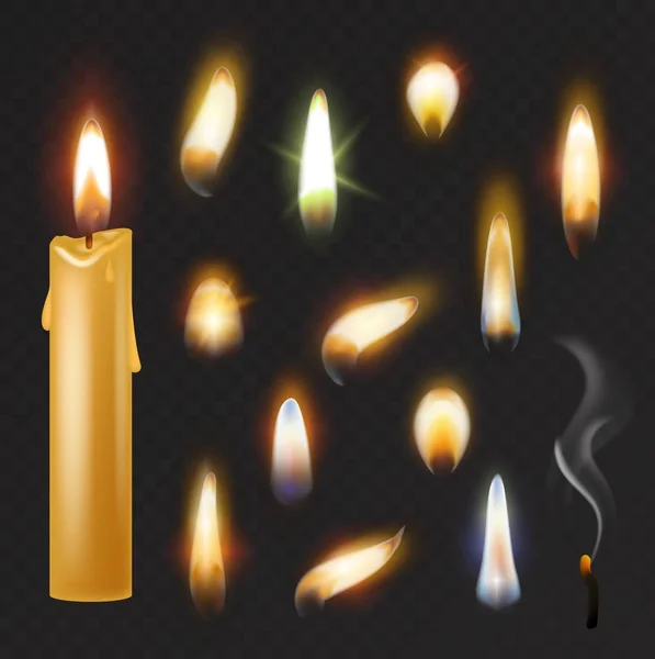 Candle flame vector fired flaming candlelight and flammable fire light illustration fiery flamy realistic set bright burn decoration for celebration isolated on black transparent background — Stockový vektor