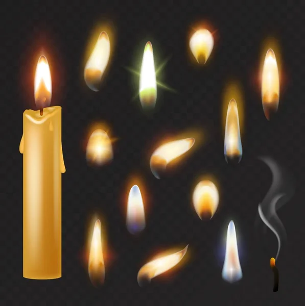 Vector de llama de vela disparó la luz de las velas llameantes y la luz de fuego inflamable ilustración llameante llamativo realista conjunto brillante quemadura decoración para la celebración aislado sobre fondo transparente negro — Vector de stock