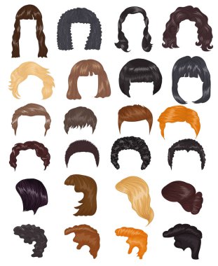 Saç modeli kadın vektör kadın saç kesimi kısa ya da uzun saç ve peruk illüstrasyon kuaförlük veya kanununu beyaz arka plan üzerinde izole renklendirme ile