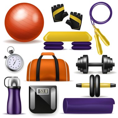 Fitness Ekipmanları vektör vücut geliştirme dumpbell fitball ve adım yönetim kurulu için spor egzersizleri spor salonu illüstrasyon kümesindeki uygun mat sportif şişe ve egzersiz beyaz arka plan üzerinde izole ip atlama