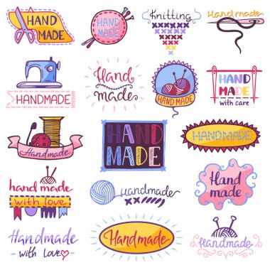 Handmade logo vector sewing knitting handcraft hobby workshop logotype illustration set of crocheting woolly knitwear and handknitting needlework label isolated on white background