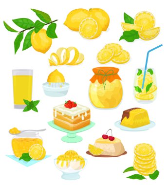 Limon yemek vektör limoni sarı Narenciye meyve ve taze limonata veya doğal suyu illüstrasyon kümesi ile reçel ve sitrik şurubu dondurma beyaz arka plan üzerinde izole limon pasta