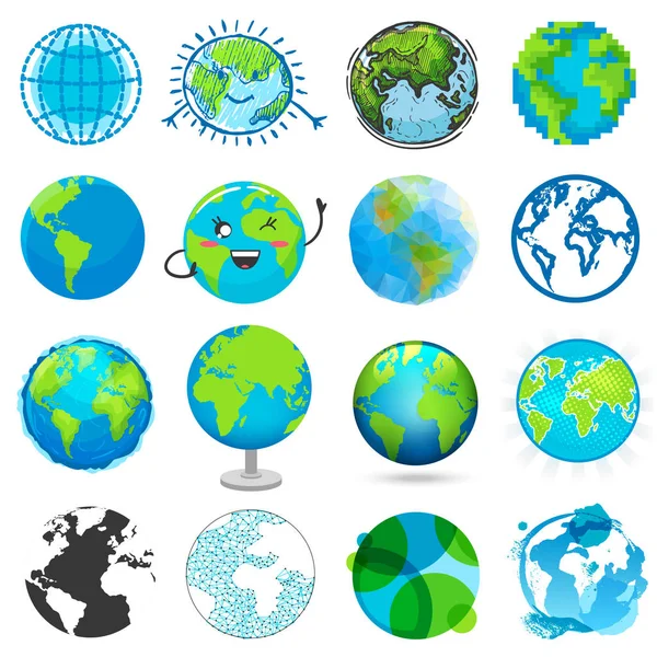 Земля планета Векторний глобальний всесвіт і всесвітній земний універсальний глобус емоційна ілюстрація Всесвітній набір логотипів заземленої сфери континенти і океанське середовище ізольовані на білому тлі — стоковий вектор