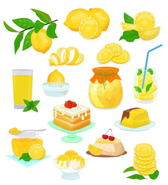 레몬 음식 벡터 레몬 노란색 감귤 류의 과일 및 신선한 레모네이드 또는 레몬 케이크 잼와 구 연산 시럽 아이스크림 흰색 배경에 고립의 자연적인 주스 그림 세트 — 스톡 벡터