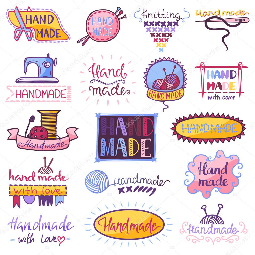 Handmade logo vector sewing knitting handcraft hobby workshop logotype illustration set of crocheting woolly knitwear and handknitting needlework label isolated on white background.