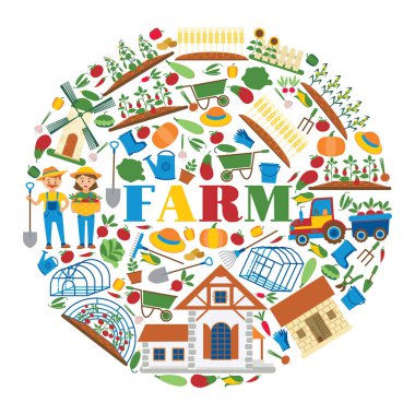 Ev bahçe zemin çiftçi adam bahçıvan kadın karakter ve çiftlikleri doğal ürünler organik gıda illüstrasyon sağlıklı sebze gardenhouse arka planda tarım çiftlik vektör
