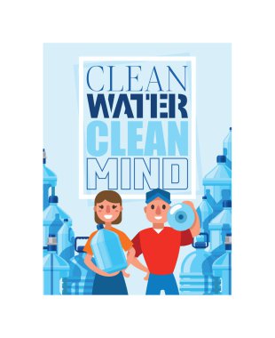 Water bottle vector man woman character delivering clean water drink liquid aqua bottled in plastic container backdrop illustration delivered ottling water background