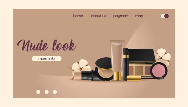 Cosmetische vector landing webpagina schoonheid make-up visagie voor mooie vrouw met make-up Stichting poeder schoonheidsspecialist accessoires-achtergrond afbeelding web-pagina — Stockvector