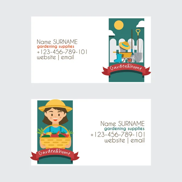 Farm vector farming gardening harvest business card backdrop farmer man gardener woman character and farms natural organic food illustration healthy vegetables in garden house business-card background — 스톡 벡터