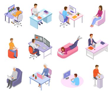People work place vector business worker character person working on laptop computer at the table in office illustration isometric set of man woman coworkers workplace isolated on white background