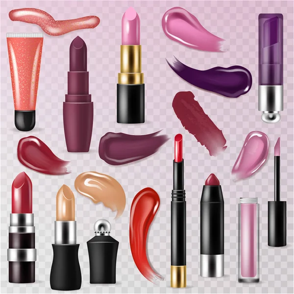 Vetor de batom bela cor vermelha moda rosa lipgloss lábio maquiagem ilustração conjunto de cosméticos femininos líquidos brilhantes isolados em fundo transparente — Vetor de Stock