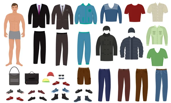 Man kleding vector cartoon jongen teken aankleden kleren met fashion broek of schoenen illustratie jongensachtige set met mannelijke doek voor snijden GLB of T-korte geïsoleerd op witte achtergrond — Stockvector