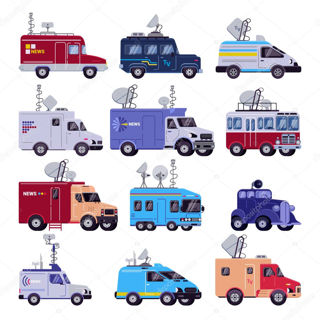 Broadcast vehicle vector TV broadcasting car with antenna satellite media and television van transport illustration set of breaking live news technology auto isolated on white background