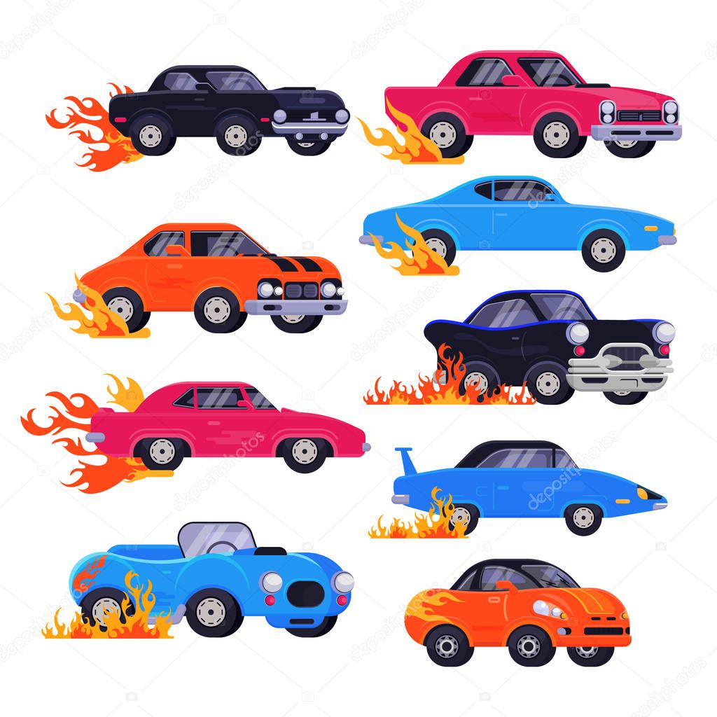 Muscle car vector racing speedcar on a track and retro race auto driving on rally sport event formula automobile illustration set of fast speed vehicle with fire isolated on white background