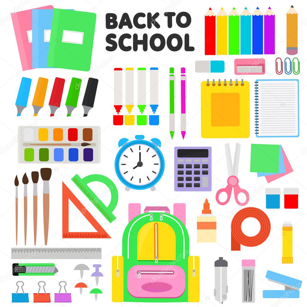 School supplies vector schooling tools pen colorful pencils markers scissors and student accessories illustration set of office stationery note book and backpack isolated on white background