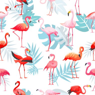 Flamingo vektör tropikal pembe flamingolar ve palm ile egzotik kuş bırakır illüstrasyon izole beyaz arka plan üzerinde moda kuş kümesi
