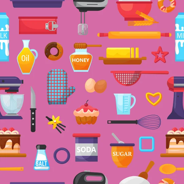 Baking vector kitchenware and food bakery ingredients for cake illustration caking set of cooking cupcake or pie with cookware in kitchen isolated background