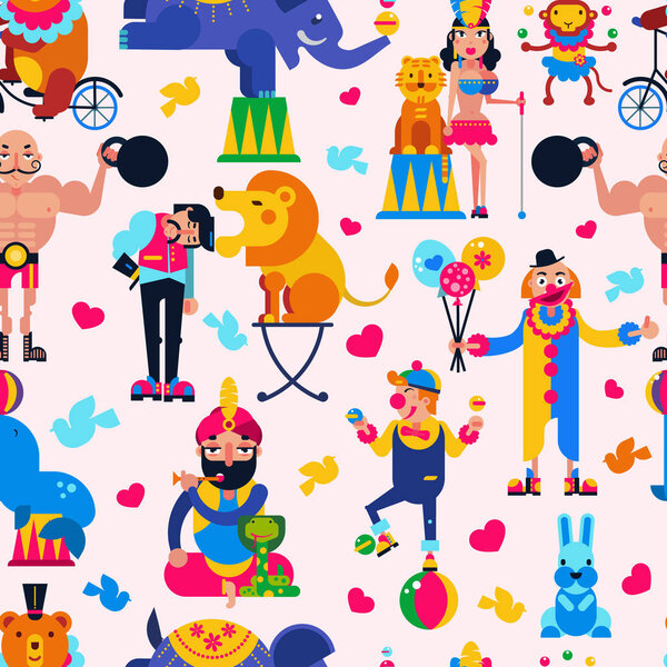 Цирк людей векторный акробат или клоун и тренированных животных персонажей в цирковой палатке иллюстрации набор фокусник и циркач со львом или слоном изолированный фон
