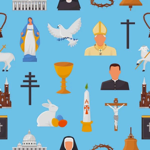 Iconos cristianos vector cristianismo religión signos y símbolos religiosos iglesia fe cristo biblia cruz manos orando a Dios ilustración bíblica fondo patrón — Vector de stock